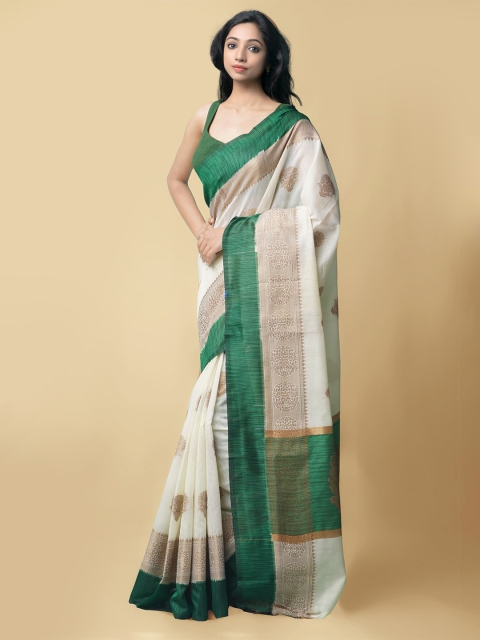 Unnati Silks Cream-Coloured & Green Ethnic Motifs Zari Silk Cotton Mysore Silk Saree
Unnati Silks Cream-Coloured & Green Ethnic Motifs Zari Silk Cotton Mysore Silk Saree