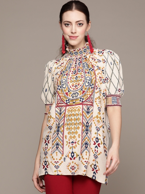 Ritu Kumar Women Off White & Navy Blue Ethnic Motifs Printed Smocked Pure Crepe Kurti
Ritu Kumar Women Off White & Navy Blue Ethnic Motifs Printed Smocked Pure Crepe Kurti