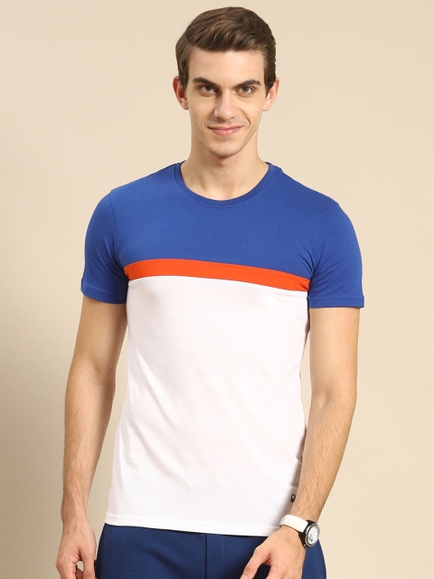 United Colors of Benetton Men White & Blue Colourblocked T-shirt