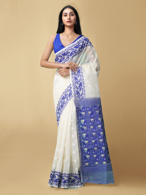 Unnati Silks Cream-Coloured & Blue Woven Design Pure Cotton Jamdani Saree