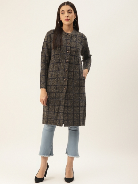 BROOWL Women Brown Checkered Longline Coat