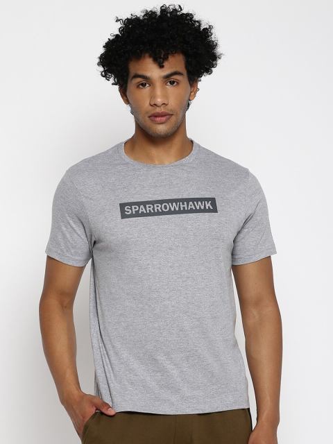 SPARROWHAWK Men Grey Melange Typography Printed Applique T-shirt