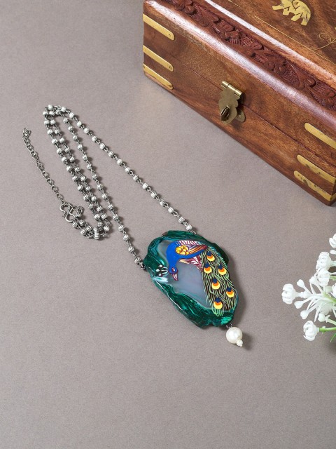 Golden Peacock Multicoloured Hand Painted Peacock Design Necklace, Multi
