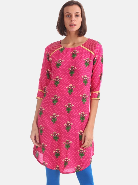 Karigari Women Pink & Green Floral Embroidered Thread Work Kurta