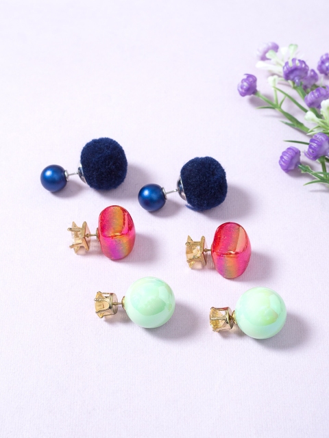 Golden Peacock Set of 3 Studs Earrings, Blue