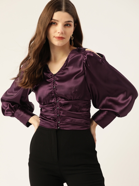 Antheaa Purple Solid V-Neck Cold-Shoulder Sleeves Smocked Ruched Satin Shirt Style Top
Antheaa Purple Solid V-Neck Cold-Shoulder Sleeves Smocked Ruched Satin Shirt Style Top