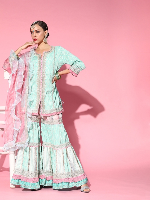 Ishin Women Sea Green Floral Embroidered Regular Gotta Patti Kurta with Sharara & With Dupatta
Ishin Women Sea Green Floral Embroidered Regular Gotta Patti Kurta with Sharara & With Dupatta