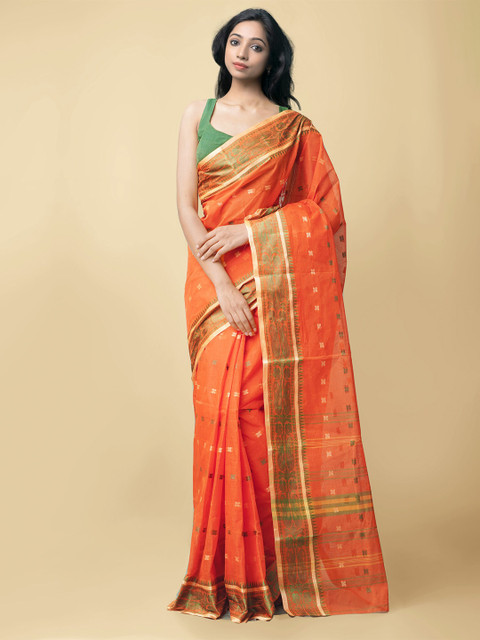 Unnati Silks Women Orange & Green Pure Handloom Bengal Tant Cotton Sustainable Saree
Unnati Silks Women Orange & Green Pure Handloom Bengal Tant Cotton Sustainable Saree