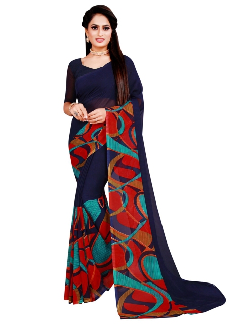 KALINI Navy Blue & Red Printed Saree