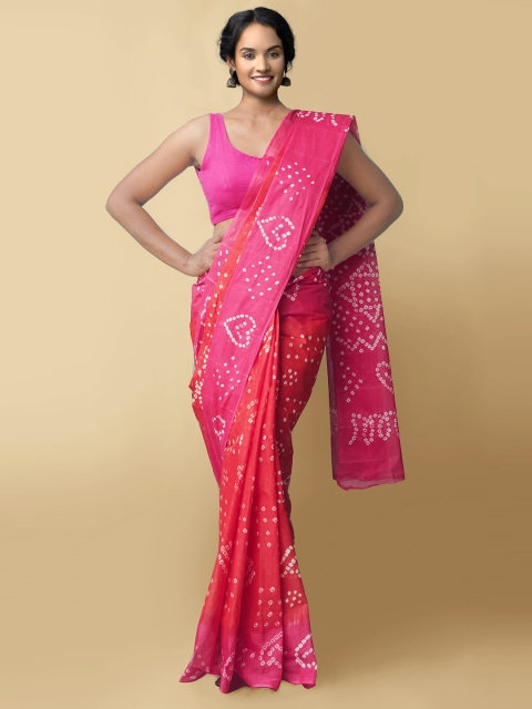 Unnati Silks Orange & Pink Bandhani Pure Cotton Bandhani Saree