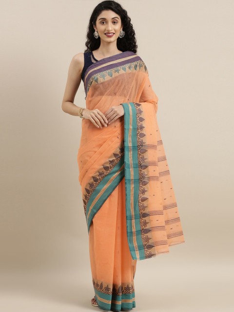 The Chennai Silks Peach-Coloured & Turquoise Blue Woven Design Pure Cotton Fusion Taant Saree
The Chennai Silks Peach-Coloured & Turquoise Blue Woven Design Pure Cotton Fusion Taant Saree