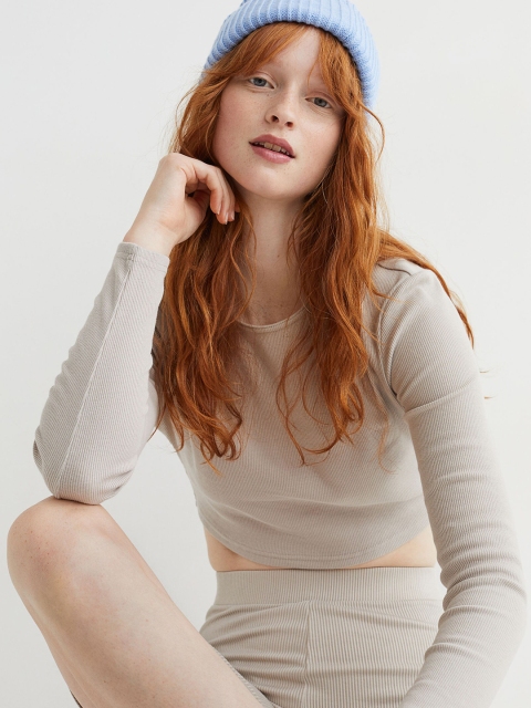 H&M Women Beige Ribbed Cropped Top