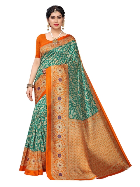 KALINI Green & Orange Floral Art Silk Saree