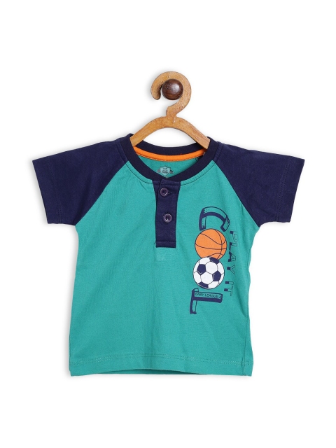 612 league Boys Green Printed Henley Neck Applique T-shirt