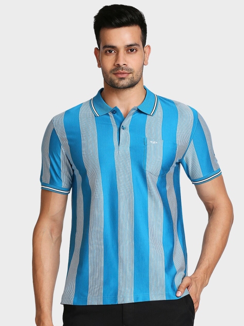 ColorPlus Men Blue Striped Polo Collar T-shirt