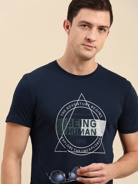 Being Human Clothing Men Navy Blue Typography Printed T-shirt