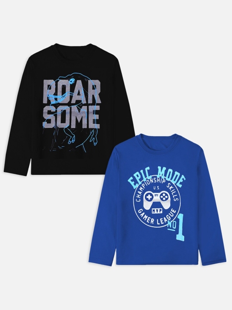 YK Basics Boys Blue Typography 2 Printed Applique T-shirt
