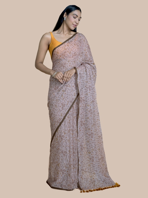 Suta Women Grey Floral Screen Printed Mul Cotton Saree