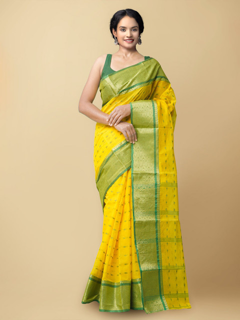 Unnati Silks Women Yellow & Green Pure Handloom Bengal Tant Cotton Sustainable Saree
Unnati Silks Women Yellow & Green Pure Handloom Bengal Tant Cotton Sustainable Saree