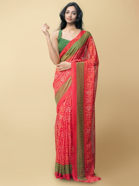 Unnati Silks Women Red & Green Printed Georgette Saree