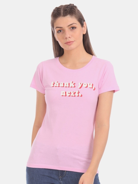 Sugr Women Pink Typography Printed Cotton T-shirt