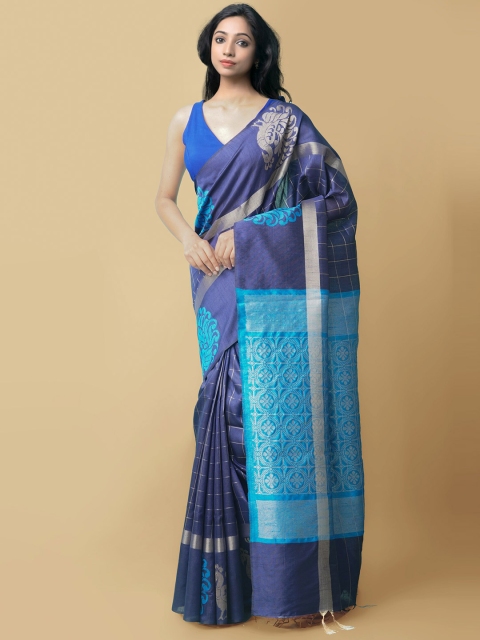 Unnati Silks Navy Blue & Beige Zari Linen Blend Mysore Silk Saree