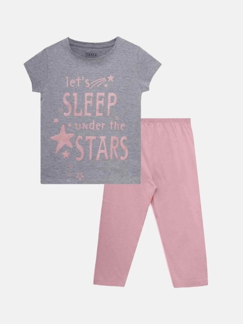 THETA Girls Grey & Pink Printed Night suit