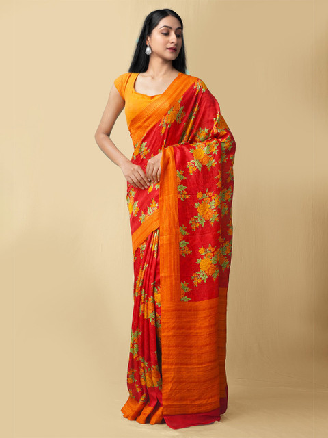 Unnati Silks Red & Orange Floral Pure Silk Baluchari Saree 
Unnati Silks Red & Orange Floral Pure Silk Baluchari Saree