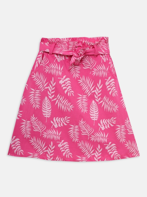 THETA Girls Pink Floral Printed Pure Cotton Knee-Length Flared Skirt