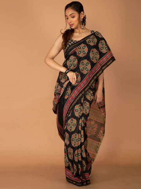 Unnati Silks Black & Blue Zari Silk Cotton Chanderi Saree