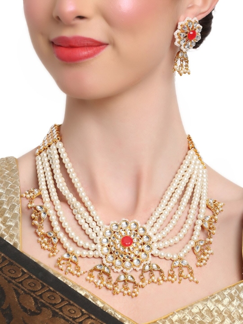 Shining Diva Women Red & Gold-Toned & Plated Crystal Studded Jewellery Set