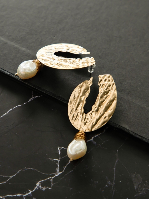 anore Women Gold-Toned Teardrop Shaped Contemporary Pearl Drop Earrings