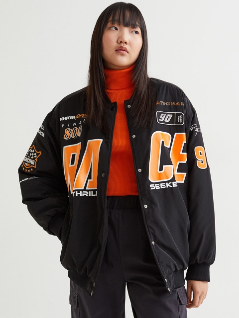 H&M Women Black Oversized Bomber Jacket