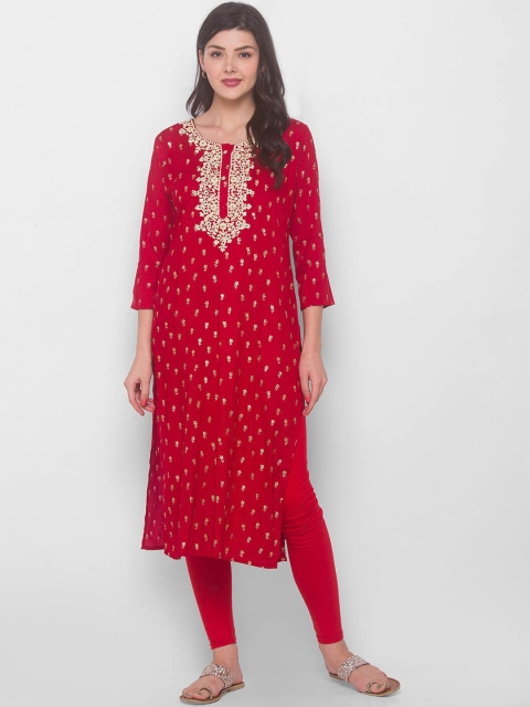 ZOLA Women Red & Gold-Toned Printed Thread Work Kurta