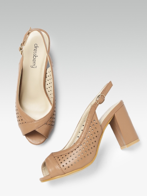 DressBerry Women Brown Laser Cut Peep-Toe Heels
