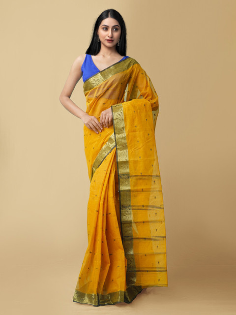 Unnati Silks Yellow & Green Woven Design Pure Cotton Taant Saree
Unnati Silks Yellow & Green Woven Design Pure Cotton Taant Saree