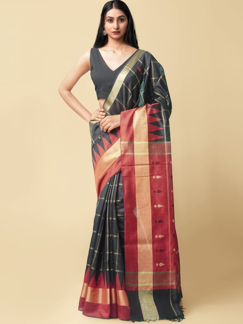 Unnati Silks Black & Red Zari Linen Blend Mysore Silk Saree