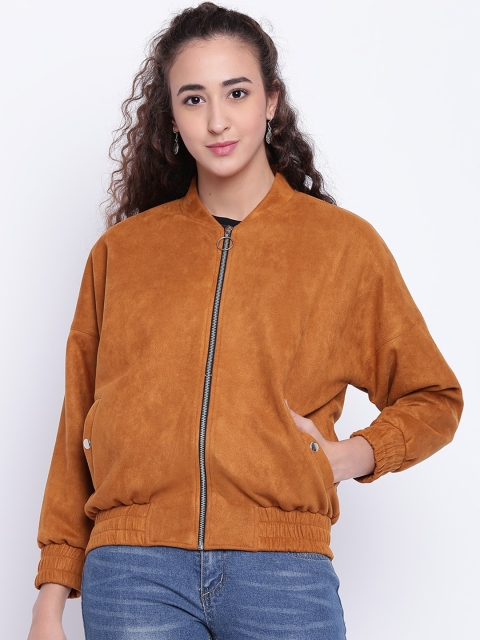 Texco Women Rust Solid Stand Collar Bomber Jacket