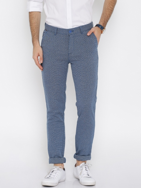 United Colors of Benetton Men Blue Self-Design Slim Fit Flat-Front Trousers