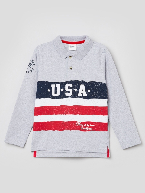 max Boys Grey Printed Polo Collar T-shirt