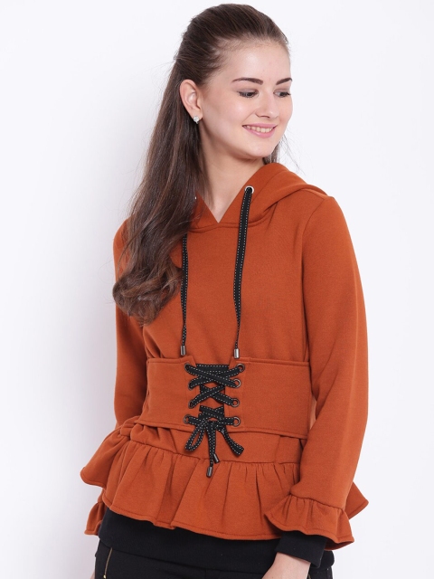 Texco Women Rust Hooded Sweatshirt with Front Tie-Up Detail