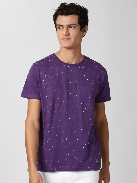 Peter England Casuals Men Purple Printed Slim Fit Pure Cotton T-shirt