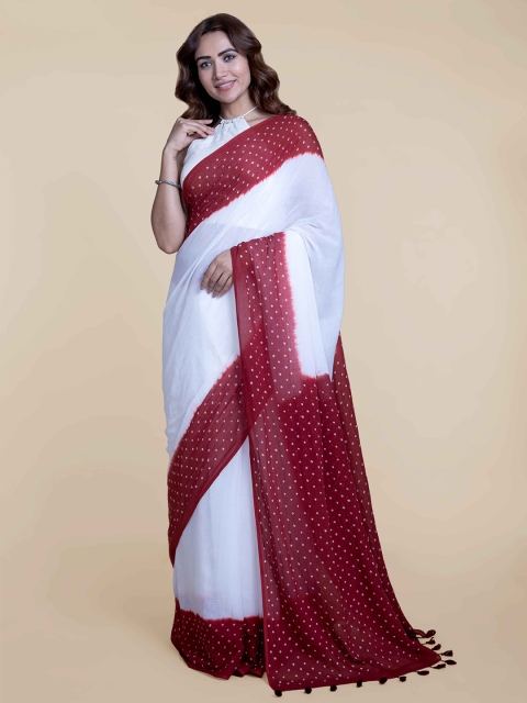 Suta White & Maroon Pure Cotton Bandhani Saree