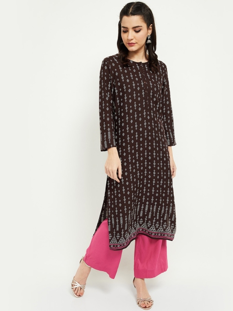 max Women Brown & Pink Ethnic Motifs Printed Regular Kurta with Palazzos