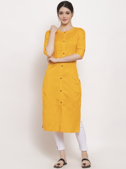 ALC Creations Women Yellow Solid Straight Pure Silk Kurta