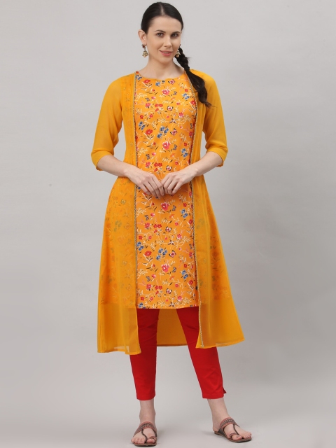 ALC Creations Women Yellow Floral Printed A-Line Kurta with Attached Jacket