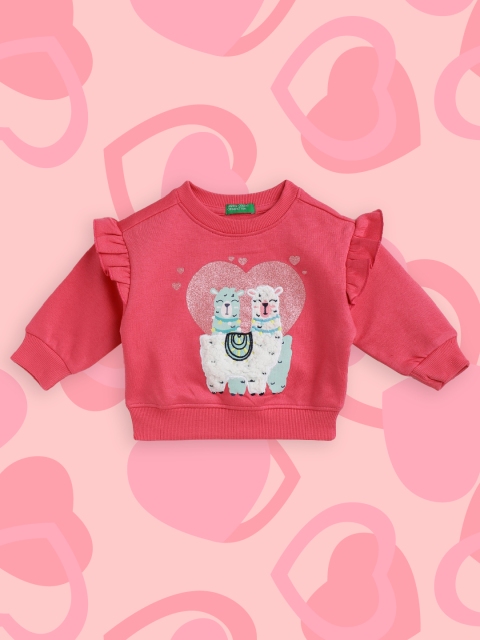 United Colors of Benetton Girls Pink & White Printed Sweatshirt with Applique Detail