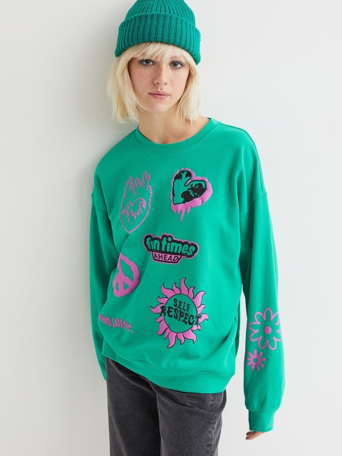 H&M Women Green Oversized Sweatshirt