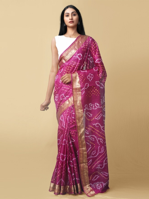 Unnati Silks Purple & White Zari Pure Silk Bandhani Saree