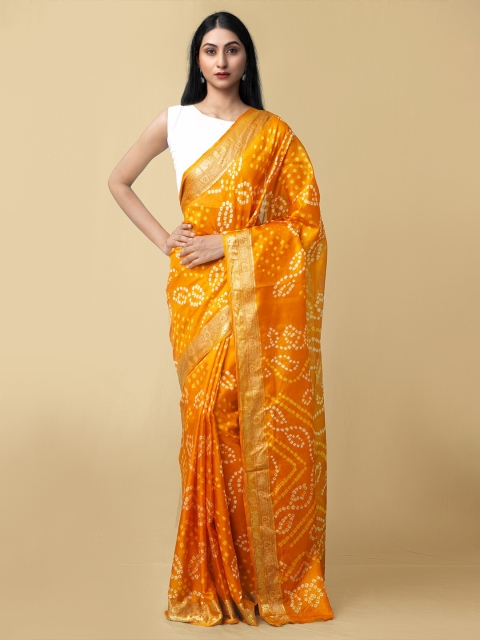 Unnati Silks Orange & White Bandhani Zari Pure Silk Bandhani Saree